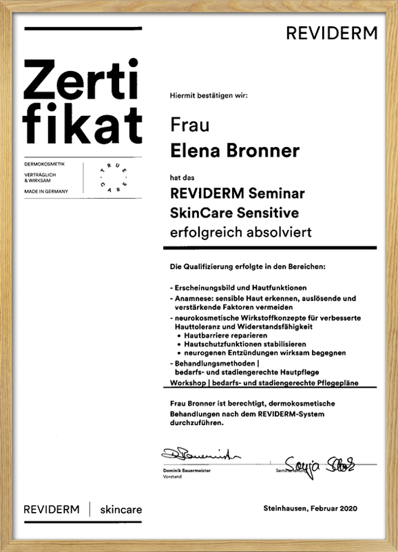 Zertifikat Elena Bronner Reviderm Seminar SkinCare Sensitive