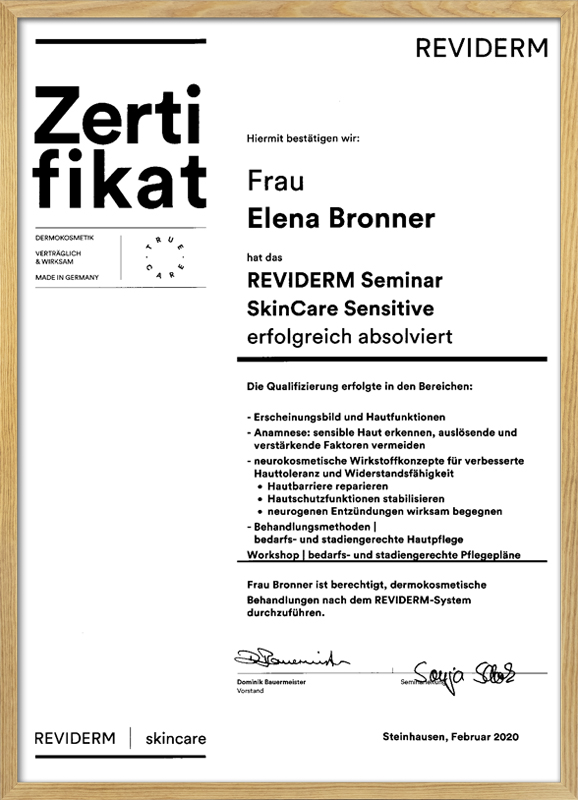 Zertifikat Elena Bronner Reviderm Seminar SkinCare Sensitive