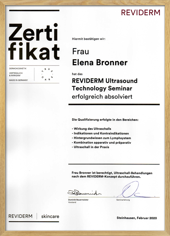 Zertifikat Elena Bronner Reviderm Ultrasound Technologz Seminar