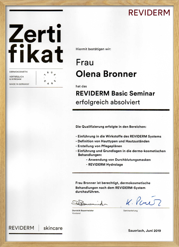 Zertifikat Elena Bronner Reviderm Basic Seminar