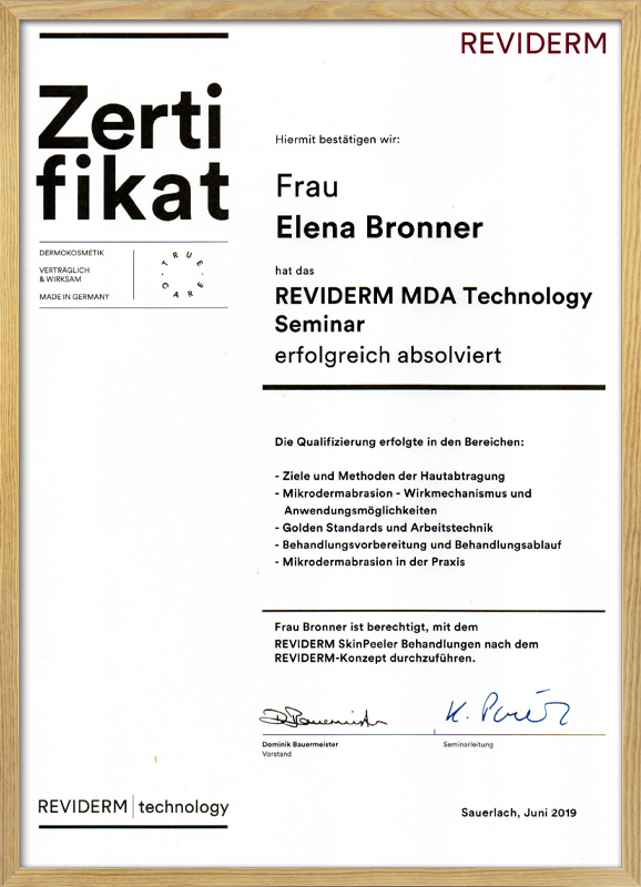Zertifikat Elena Bronner Reviderm MDA Technology Seminar