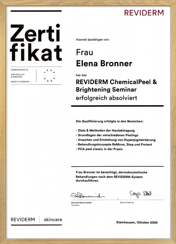 Zertifikat Elena Bronner Reviderm Chemical Peel & Brightening Seminar