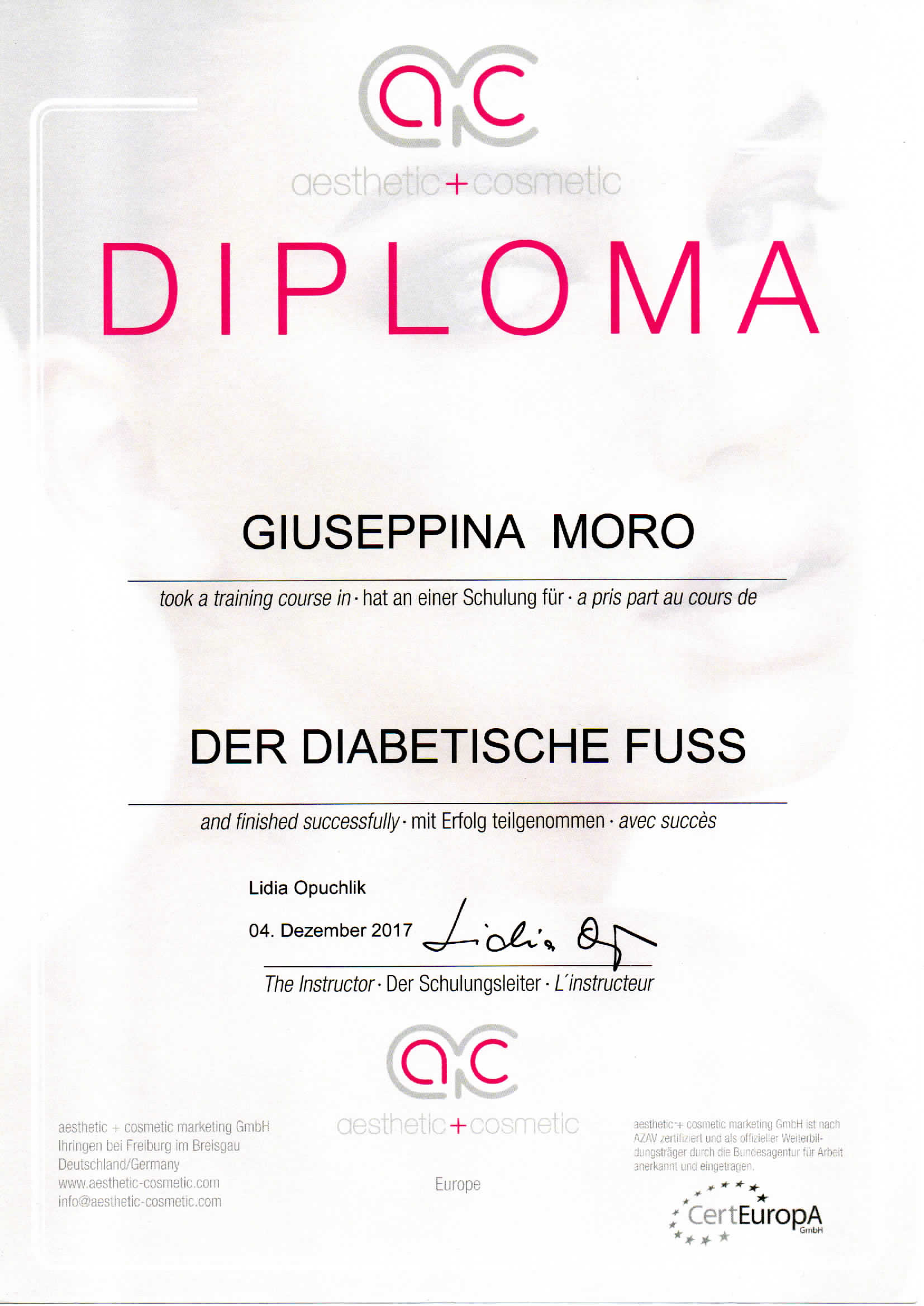 Diploma Der diabetische Fuss Giuseppina Moro