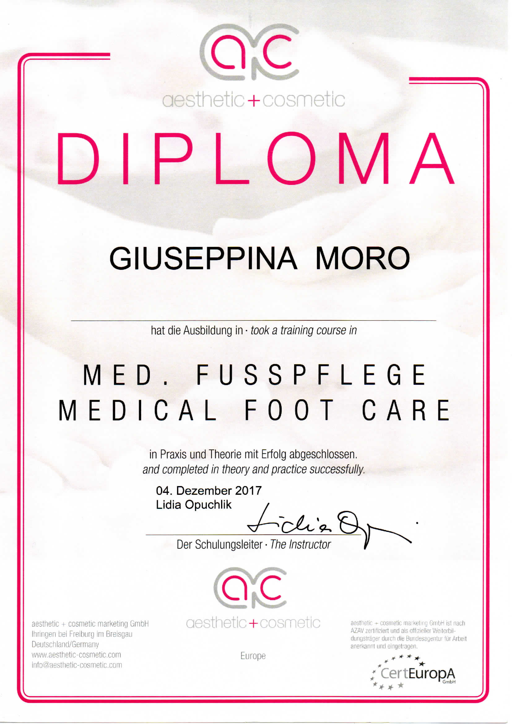 Diploma Medizinische Fusspflege Giuseppina Moro