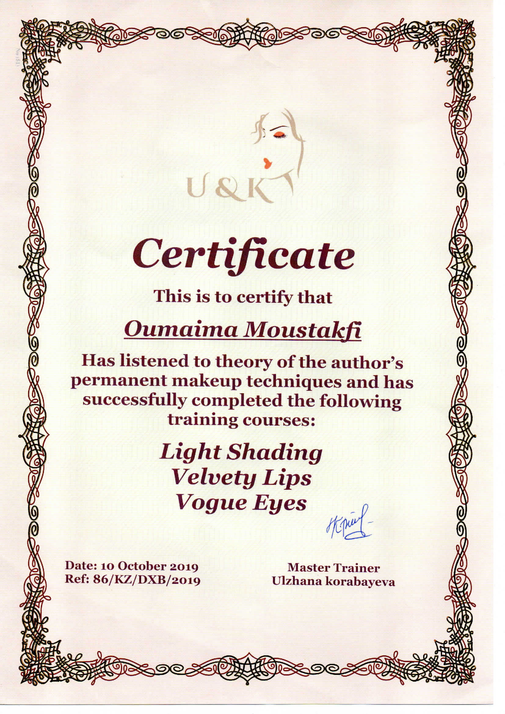 Certificate Permanent Makeup Techniques Oumaima Moustakfi Ou